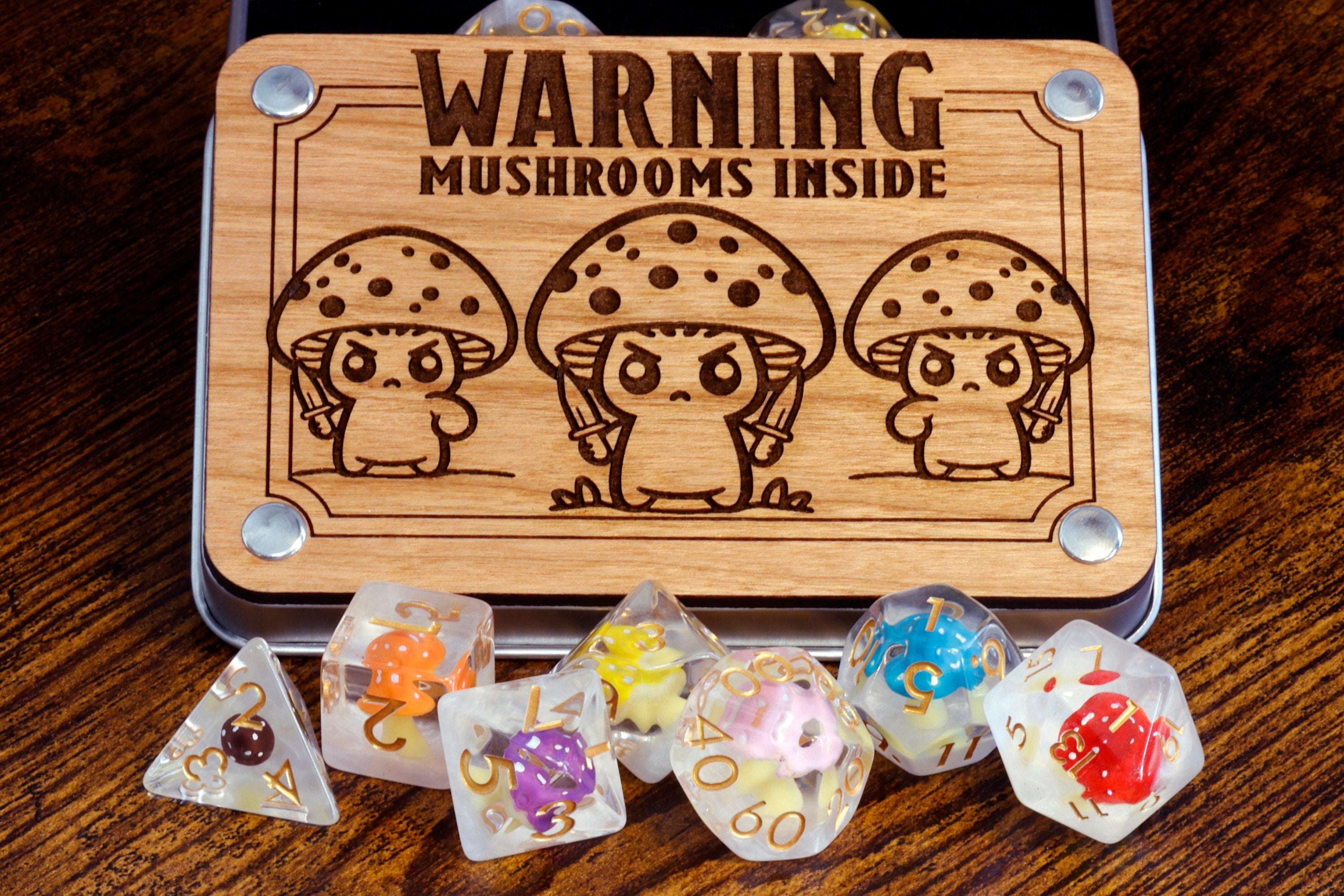 Mushroom Dice Vault and Multicolored Mushroom dice set