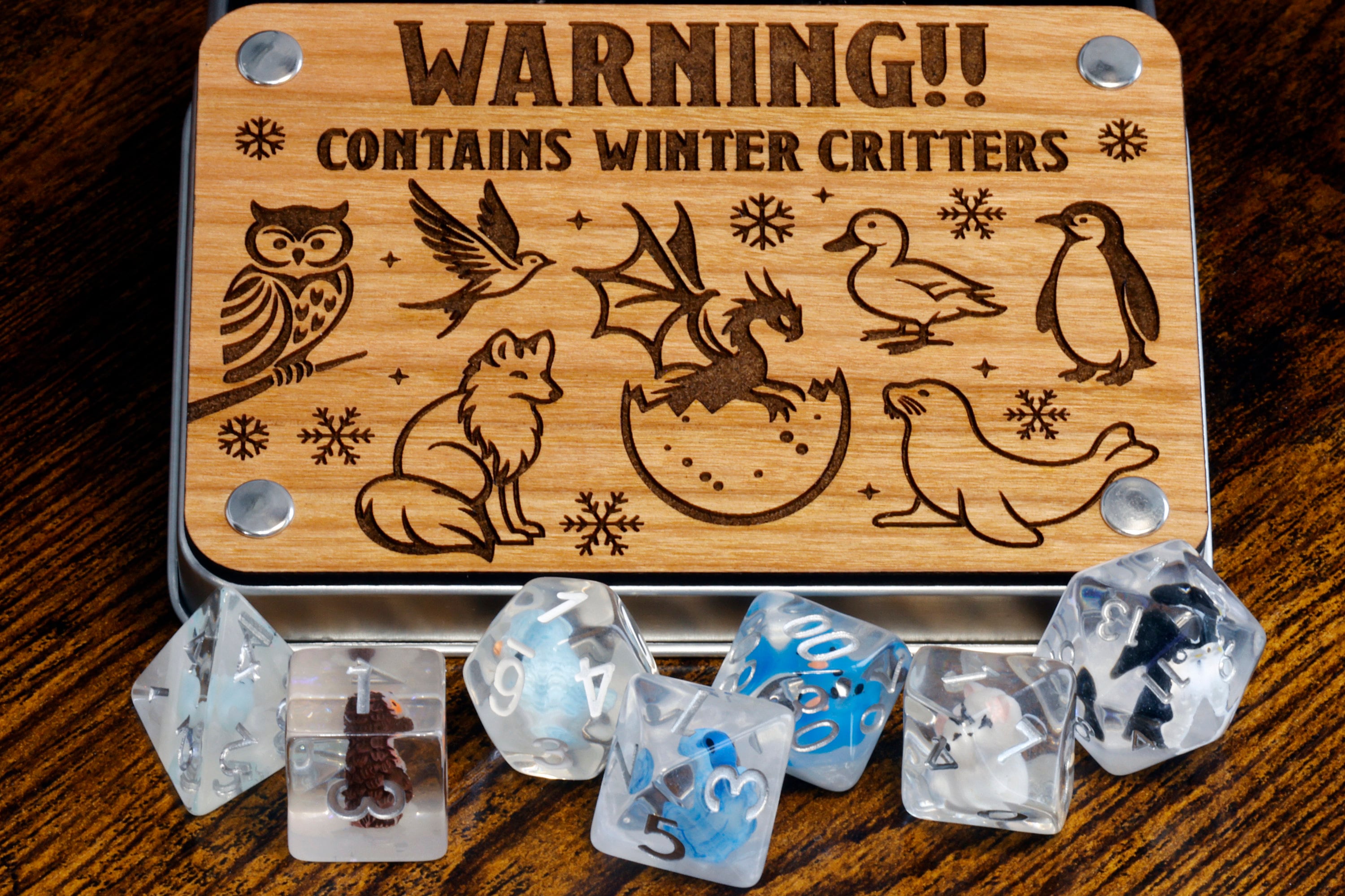 Winter critters dice box and mixed animals dice set