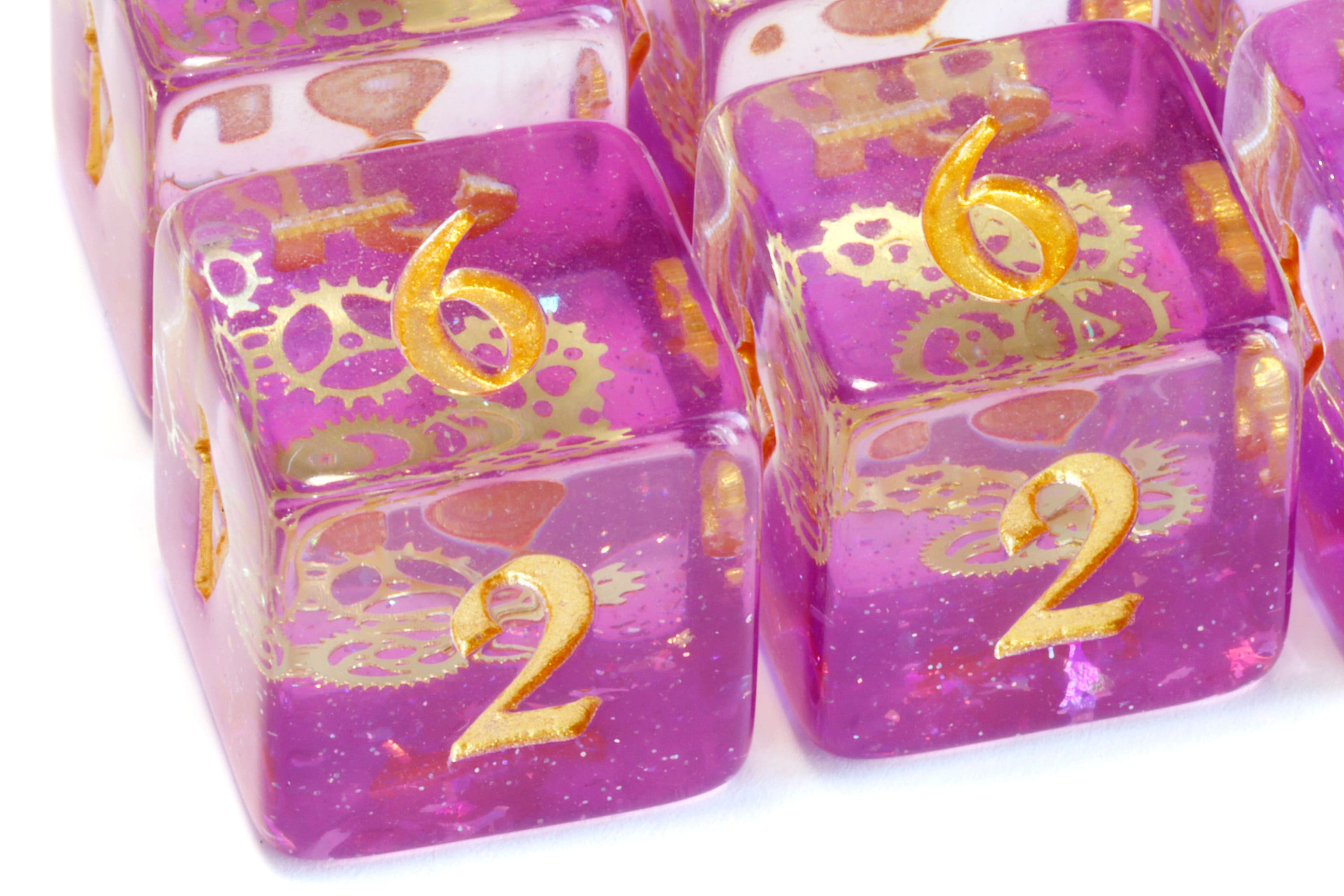 Arcane Sprockets D6 Dice, Purple glittery layer with small golden gear