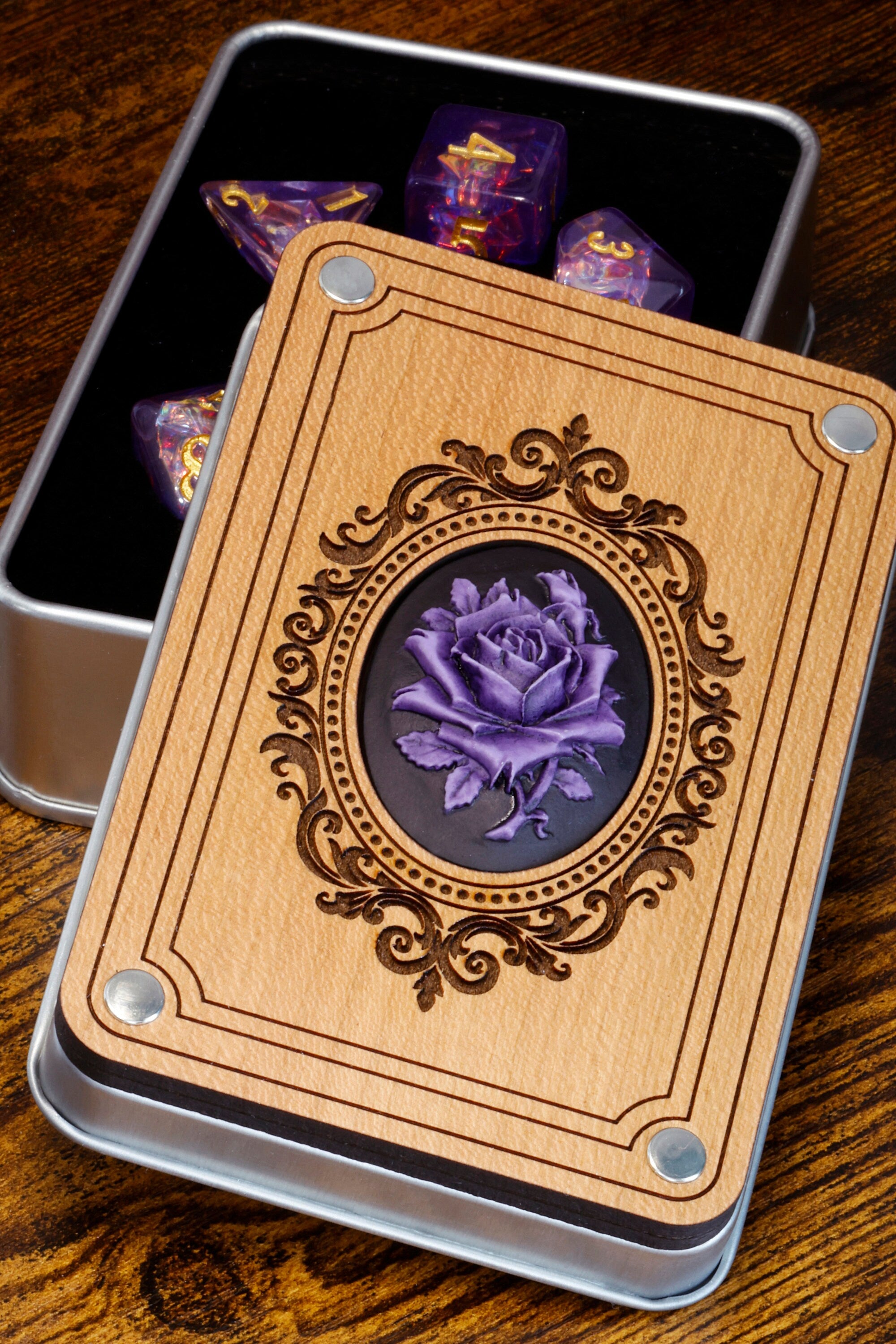 Purple and black Rose Dice Box and Mystic Opal Dice Set