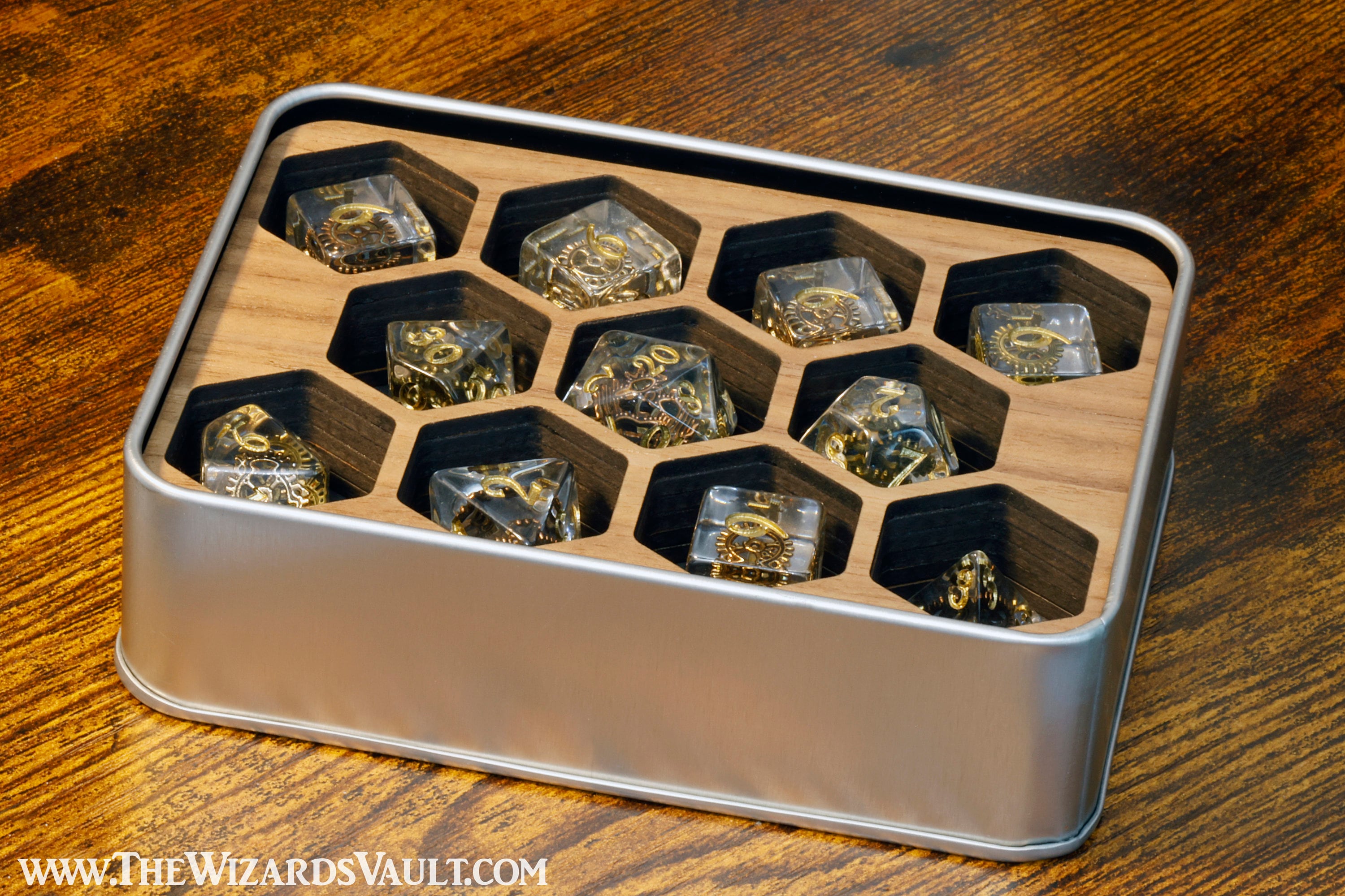Steampunk Artisan Dice Box and 11-Piece Polyhedral Set for Tabletop RPGs